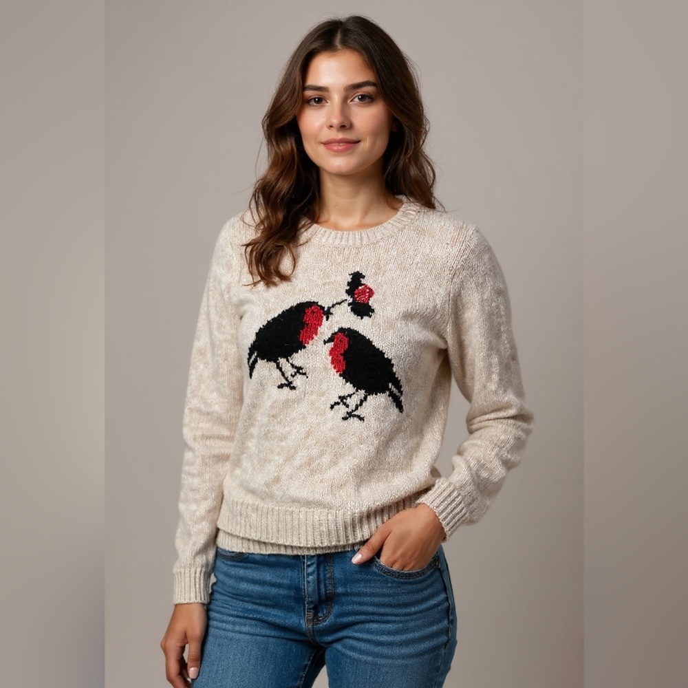 Bin B South Beige Bird Sweater UK 12 / US M Sequin Detail